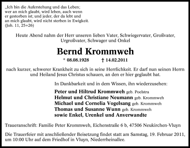  Traueranzeige für Bernd Krommweh vom 17.02.2011 aus Tageszeitung