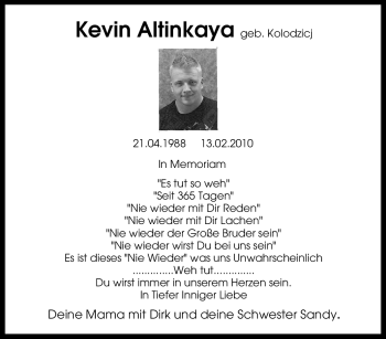 Traueranzeige von Kevin Altinkaya von Tageszeitung