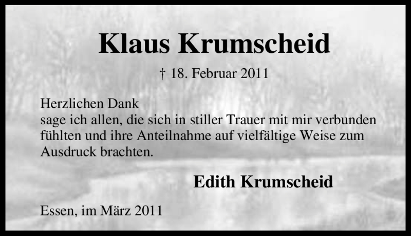  Traueranzeige für Klaus Krumscheid vom 09.03.2011 aus Tageszeitung