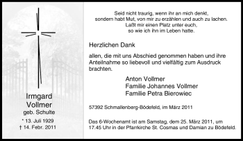 Traueranzeige von Irmgard Vollmer von Tageszeitung