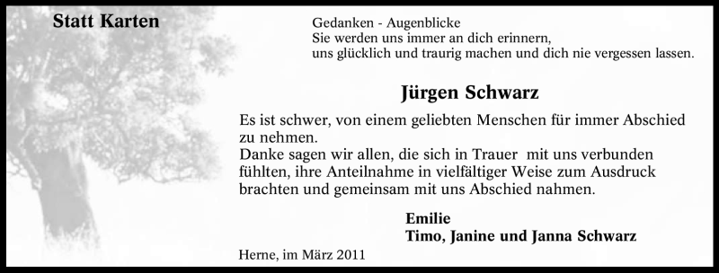  Traueranzeige für Jürgen Schwarz vom 19.03.2011 aus Tageszeitung
