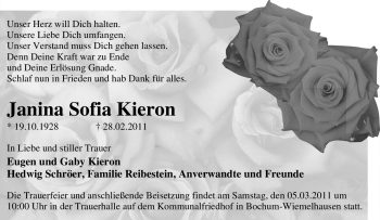 Traueranzeige von Janina Sofia Kieron von Tageszeitung