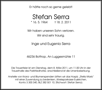 Traueranzeige von Stefan Serra von Tageszeitung