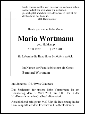 Traueranzeige von Maria Wortmann von Tageszeitung