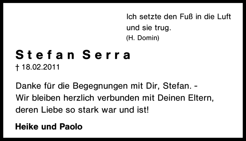  Traueranzeige für Stefan Serra vom 02.03.2011 aus Tageszeitung
