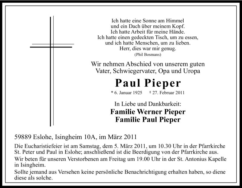 Traueranzeige für Paul Pieper vom 01.03.2011 aus Tageszeitung