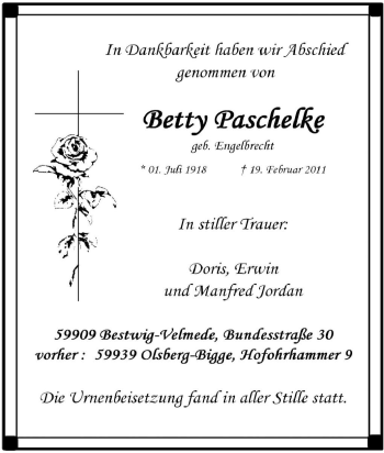 Traueranzeige von Betty Paschelke von Tageszeitung