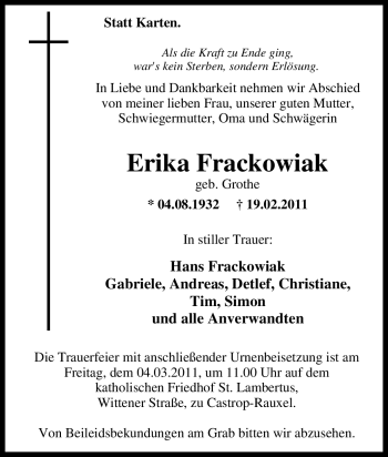 Traueranzeige von Erika Frackowiak von Tageszeitung