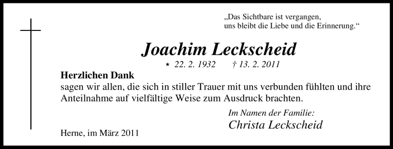  Traueranzeige für Joachim Leckscheid vom 04.03.2011 aus Tageszeitung