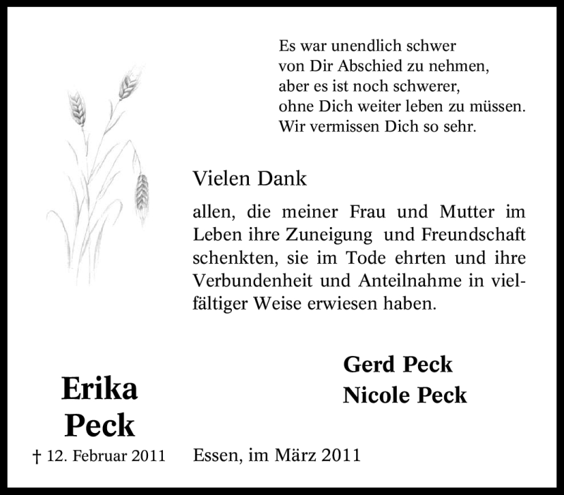  Traueranzeige für Erika Peck vom 23.03.2011 aus Tageszeitung