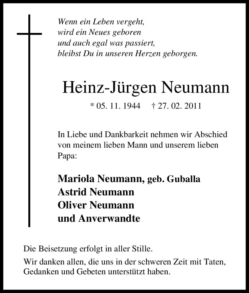  Traueranzeige für Heinz-Jürgen Neumann vom 04.03.2011 aus Tageszeitung