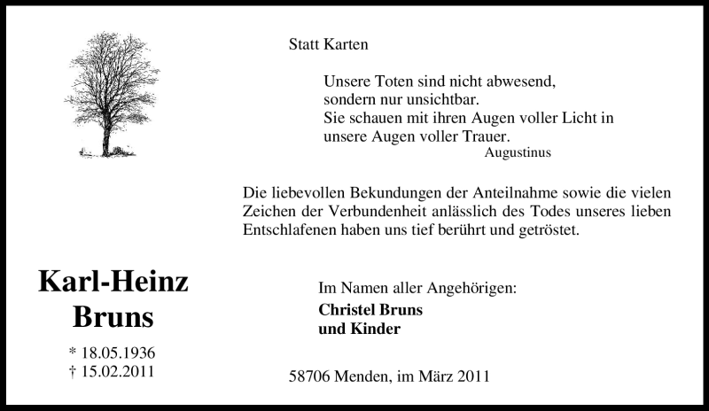  Traueranzeige für Karl-Heinz Bruns vom 12.03.2011 aus Tageszeitung