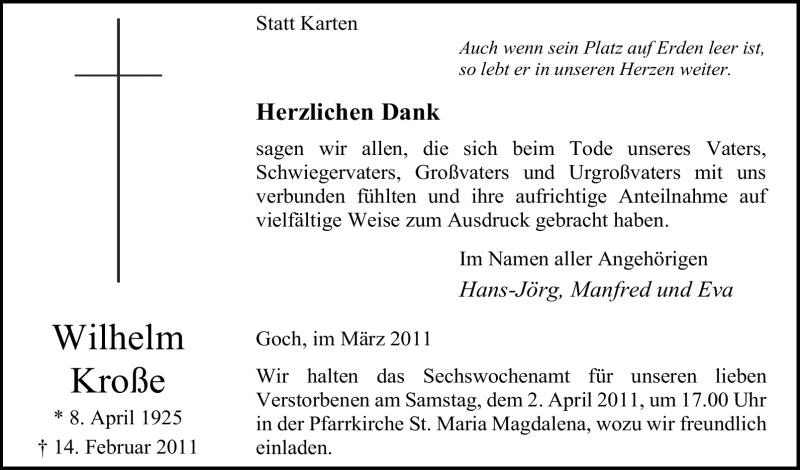  Traueranzeige für Wilhelm Kroße vom 31.03.2011 aus Tageszeitung