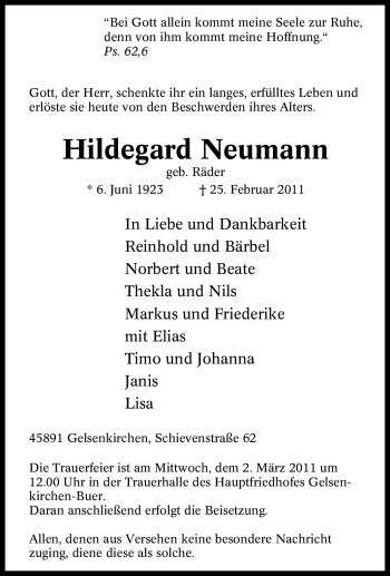 Traueranzeige von Hildegard Neumann von Tageszeitung