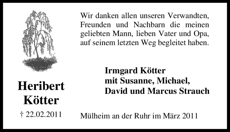  Traueranzeige für Heribert Kötter vom 22.03.2011 aus Tageszeitung
