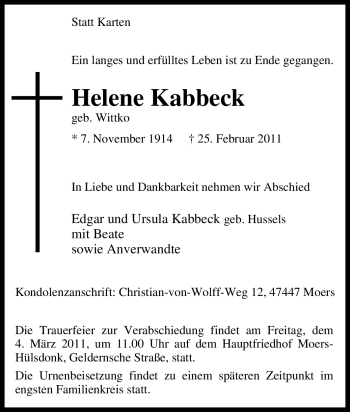 Traueranzeige von Helene Kabbeck von Tageszeitung