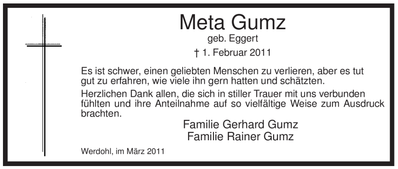  Traueranzeige für Meta Gumz vom 12.03.2011 aus Tageszeitung