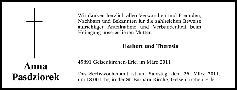  Traueranzeige für Anna Pasdziorek vom 18.03.2011 aus Tageszeitung