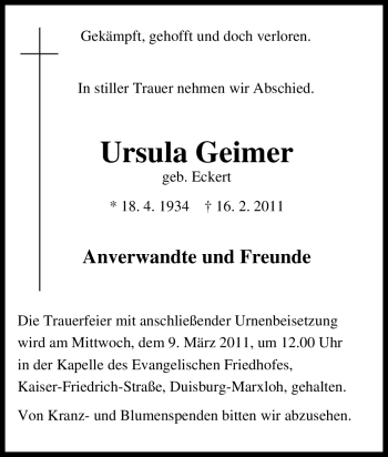 Traueranzeige von Ursula Geimer von Tageszeitung