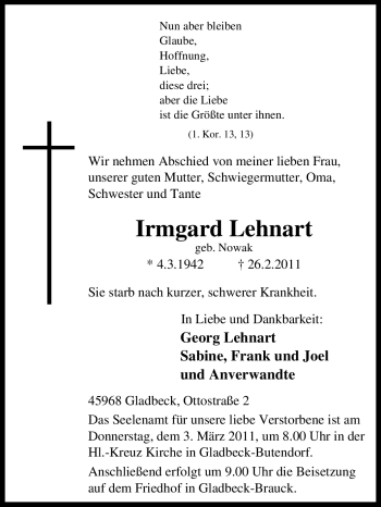 Traueranzeige von Irmgard Lehnart von Tageszeitung