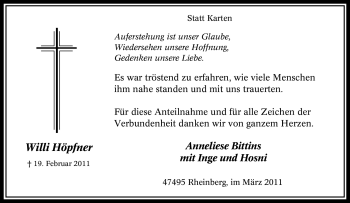 Traueranzeige von Willi Höpfner von Tageszeitung