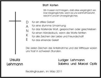 Traueranzeige von Ursula Lehmann von Tageszeitung