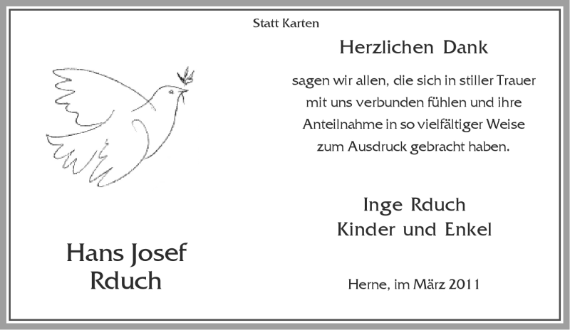  Traueranzeige für Hans Josef Rduch vom 12.03.2011 aus Tageszeitung