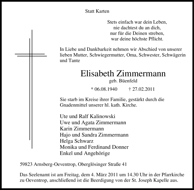  Traueranzeige für Elisabeth Zimmermann vom 01.03.2011 aus Tageszeitung
