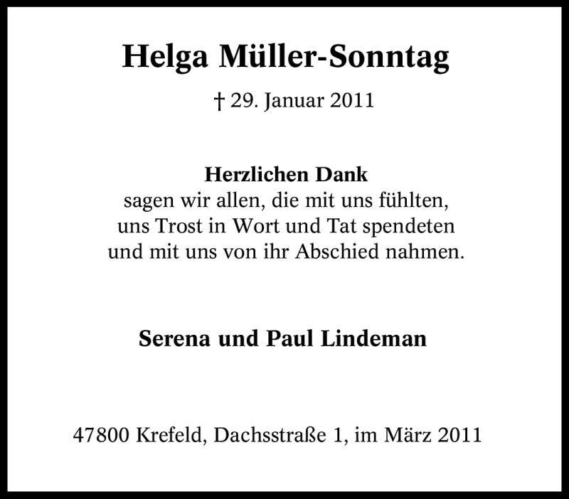  Traueranzeige für Helga Müller-Sonntag vom 12.03.2011 aus Tageszeitung