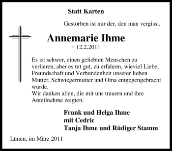 Traueranzeige von Annemarie Ihme von Tageszeitung