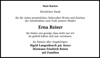 Traueranzeige von Erna Reiser von Tageszeitung