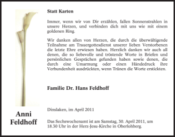 Traueranzeige von Anni Feldhoff von Tageszeitung