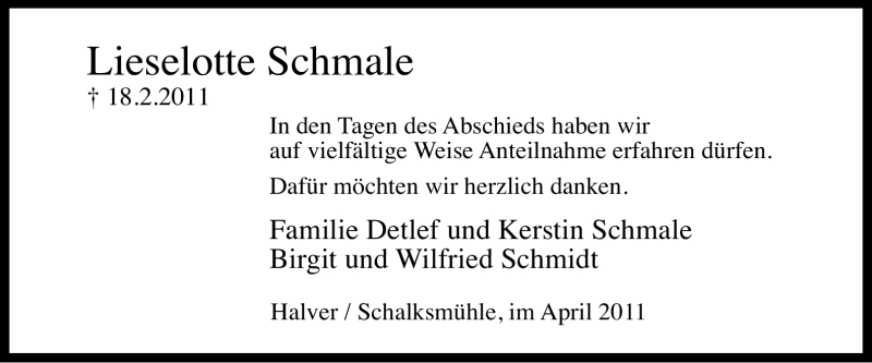 Traueranzeige für Lieselotte Schmale vom 02.04.2011 aus Tageszeitung