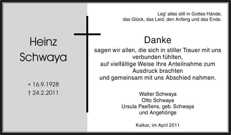  Traueranzeige für Heinz Schwaya vom 02.04.2011 aus Tageszeitung