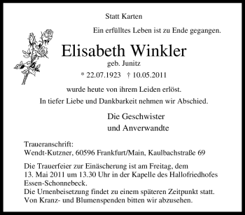 Traueranzeige von Elisabeth Winkler von Tageszeitung
