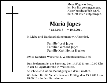 Traueranzeige von Maria Japes von Tageszeitung
