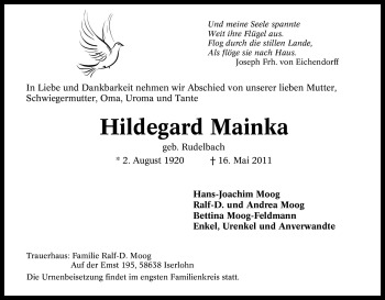 Traueranzeige von Hildegard Mainka von Tageszeitung