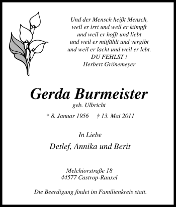 Traueranzeige von Gerda Burmeister von Tageszeitung