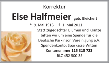 Traueranzeige von Else Halfmeier von Tageszeitung