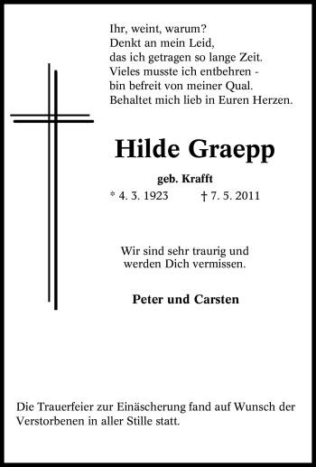 Traueranzeige von Hilde Graepp von Tageszeitung