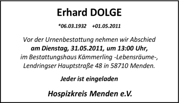 Traueranzeige von Erhard Dolge von Tageszeitung