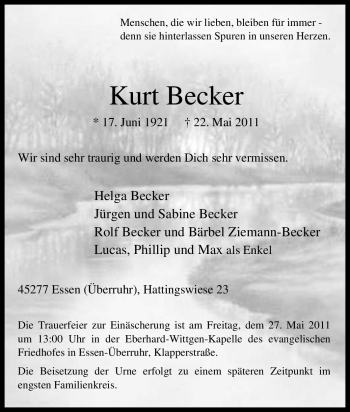 Traueranzeige von Kurt Becker von Tageszeitung