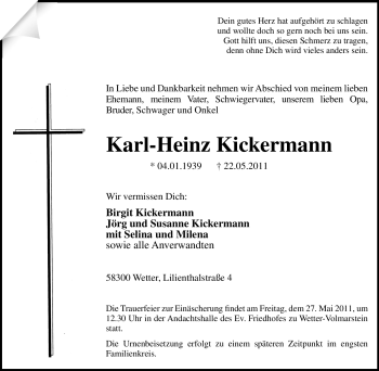 Traueranzeige von Karl-Heinz Kickermann von Tageszeitung
