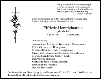 Traueranzeige von Elfriede Homrighausen von Tageszeitung