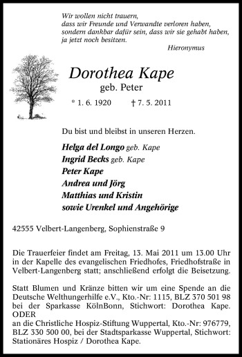 Traueranzeige von Dorothea Kape von Tageszeitung