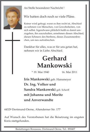 Traueranzeige von Gerhard Mankowski von Tageszeitung