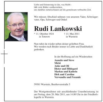 Traueranzeige von Rudi Lankowski von Tageszeitung