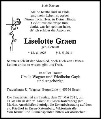 Traueranzeige von Liselotte Graen von Tageszeitung