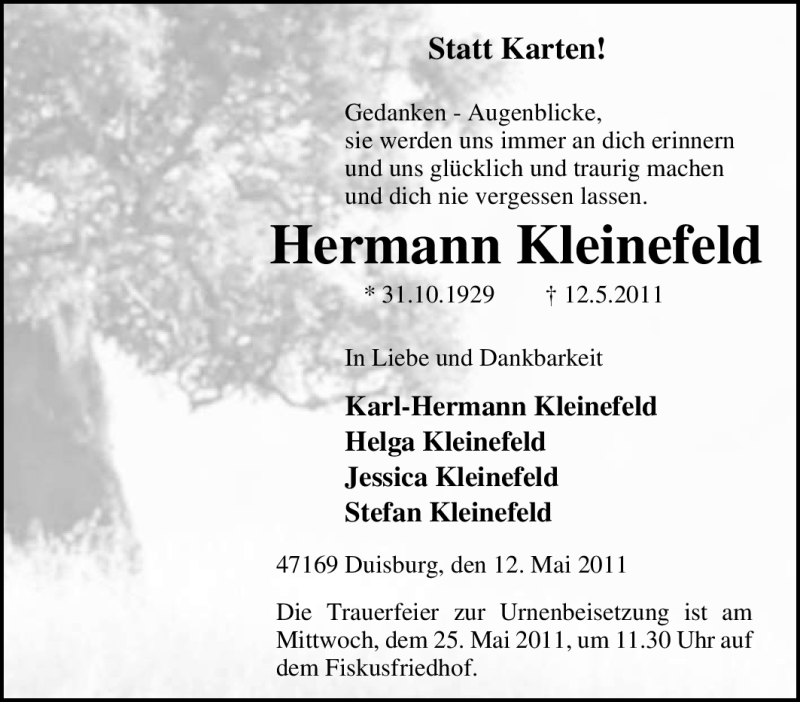  Traueranzeige für Hermann Kleinefeld vom 19.05.2011 aus Tageszeitung