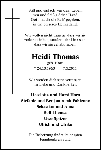 Traueranzeige von Heidi Thomas von Tageszeitung